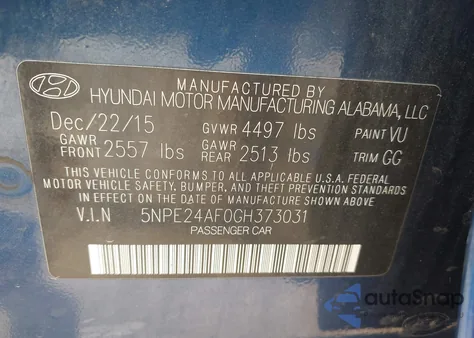 2016 Hyundai Sonata Se из США, поврежденный, VIN 5NPE24AF0GH373031